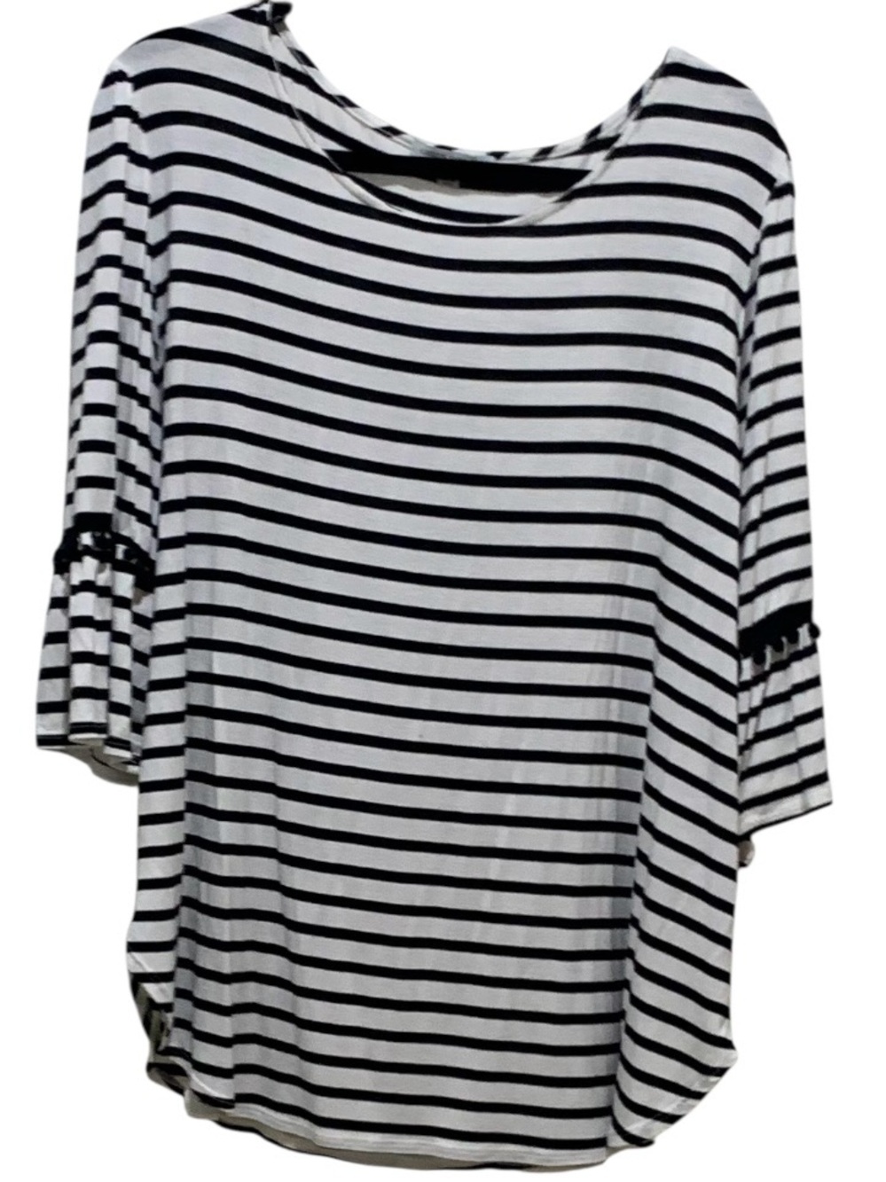 Green Envelope LA black and white stripes 3/4 bell sleeve with black Pom Poms 2X